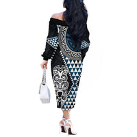 Blue Aotearoa Niho Taniwha Off The Shoulder Long Sleeve Dress Maori Mythology Tooth - Taniko Motifs LT14 - Polynesian Pride
