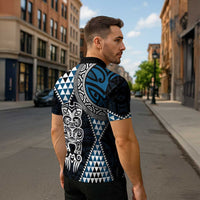 Blue Aotearoa Niho Taniwha Zipper Polo Shirt Maori Mythology Tooth - Taniko Motifs - Polynesian Pride
