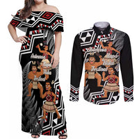 Aotearoa Kapa Haka Couples Matching Off Shoulder Maxi Dress and Long Sleeve Button Shirt 2025 Festival - Traditional Maori Dance LT14 Black - Polynesian Pride