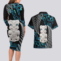 Aotearoa Taniko Paua Shell With Hei Tiki Couples Matching Long Sleeve Bodycon Dress and Hawaiian Shirt LT14 - Polynesian Pride