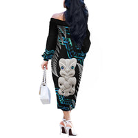 Aotearoa Taniko Paua Shell With Hei Tiki Off The Shoulder Long Sleeve Dress
