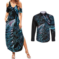 New Zealand Lizard Couples Matching Summer Maxi Dress and Long Sleeve Button Shirt Silver Fern Aotearoa Maori With Paua Shell LT14 Turquoise - Polynesian Pride