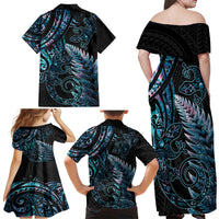 New Zealand Lizard Family Matching Off Shoulder Maxi Dress and Hawaiian Shirt Silver Fern Aotearoa Maori With Paua Shell LT14 - Polynesian Pride