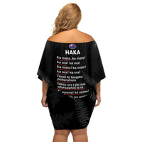 New Zealand Haka Rugby Off Shoulder Short Dress 2024 Pacific Go Black Silver Fern LT14 - Polynesian Pride