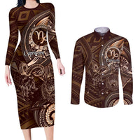 Personalised Polynesia Zodiac Capricorn Couples Matching Long Sleeve Bodycon Dress and Long Sleeve Button Shirt Galaxy Polynesian Pattern Chest Tattoo Style LT14 Brown - Polynesian Pride
