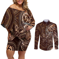 Personalised Polynesia Zodiac Capricorn Couples Matching Off Shoulder Short Dress and Long Sleeve Button Shirt Galaxy Polynesian Pattern Chest Tattoo Style