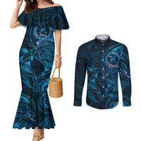 Personalised Polynesia Zodiac Pisces Couples Matching Mermaid Dress and Long Sleeve Button Shirt Galaxy Polynesian Pattern Chest Tattoo Style