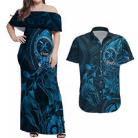 Personalised Polynesia Zodiac Pisces Couples Matching Off Shoulder Maxi Dress and Hawaiian Shirt Galaxy Polynesian Pattern Chest Tattoo Style