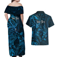 Personalised Polynesia Zodiac Pisces Couples Matching Off Shoulder Maxi Dress and Hawaiian Shirt Galaxy Polynesian Pattern Chest Tattoo Style