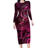 Personalised Polynesia Zodiac Libra Family Matching Long Sleeve Bodycon Dress and Hawaiian Shirt Galaxy Polynesian Pattern Chest Tattoo Style LT14 Mom's Dress Pink - Polynesian Pride