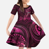 Personalised Polynesia Zodiac Libra Family Matching Off Shoulder Maxi Dress and Hawaiian Shirt Galaxy Polynesian Pattern Chest Tattoo Style LT14 Daughter's Dress Pink - Polynesian Pride