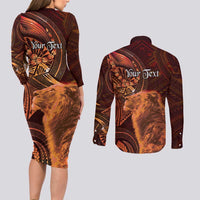Personalised Polynesia Zodiac Leo Couples Matching Long Sleeve Bodycon Dress and Long Sleeve Button Shirt Galaxy Polynesian Pattern Chest Tattoo Style
