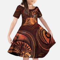 Personalised Polynesia Zodiac Leo Family Matching Short Sleeve Bodycon Dress and Hawaiian Shirt Galaxy Polynesian Pattern Chest Tattoo Style LT14 Daughter's Dress Orange - Polynesian Pride