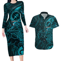Personalised Polynesia Zodiac Sagittarius Couples Matching Long Sleeve Bodycon Dress and Hawaiian Shirt Galaxy Polynesian Pattern Chest Tattoo Style LT14 Cyan - Polynesian Pride