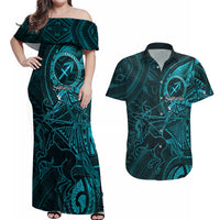 Personalised Polynesia Zodiac Sagittarius Couples Matching Off Shoulder Maxi Dress and Hawaiian Shirt Galaxy Polynesian Pattern Chest Tattoo Style