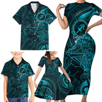 Personalised Polynesia Zodiac Sagittarius Family Matching Short Sleeve Bodycon Dress and Hawaiian Shirt Galaxy Polynesian Pattern Chest Tattoo Style