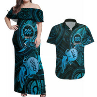Personalised Polynesia Zodiac Aquarius Couples Matching Off Shoulder Maxi Dress and Hawaiian Shirt Galaxy Polynesian Pattern Chest Tattoo Style
