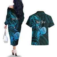 Personalised Polynesia Zodiac Aquarius Couples Matching Off The Shoulder Long Sleeve Dress and Hawaiian Shirt Galaxy Polynesian Pattern Chest Tattoo Style LT14 - Polynesian Pride