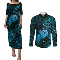 Personalised Polynesia Zodiac Aquarius Couples Matching Puletasi and Long Sleeve Button Shirt Galaxy Polynesian Pattern Chest Tattoo Style