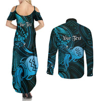 Personalised Polynesia Zodiac Aquarius Couples Matching Summer Maxi Dress and Long Sleeve Button Shirt Galaxy Polynesian Pattern Chest Tattoo Style