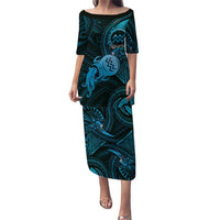 Personalised Polynesia Zodiac Aquarius Family Matching Puletasi and Hawaiian Shirt Galaxy Polynesian Pattern Chest Tattoo Style LT14 Mom's Dress Blue - Polynesian Pride