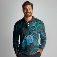 Personalised Polynesia Zodiac Aquarius Long Sleeve Polo Shirt Galaxy Polynesian Pattern Chest Tattoo Style