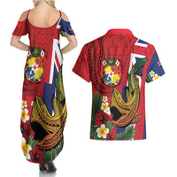 Hawaii And Tonga Couples Matching Summer Maxi Dress and Hawaiian Shirt Shark Tattoo With Tongan Coat Of Arms