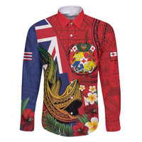 Hawaii And Tonga Family Matching Tank Maxi Dress and Hawaiian Shirt Shark Tattoo With Tongan Coat Of Arms