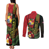Hawaii And Tonga Couples Matching Tank Maxi Dress and Long Sleeve Button Shirt King Kamehameha Tribal Ngatu Pattern