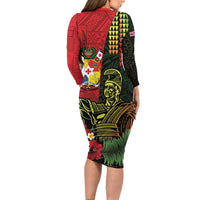 Hawaii And Tonga Family Matching Long Sleeve Bodycon Dress and Hawaiian Shirt King Kamehameha Tribal Ngatu Pattern