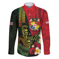 Hawaii And Tonga Family Matching Off The Shoulder Long Sleeve Dress and Hawaiian Shirt King Kamehameha Tribal Ngatu Pattern