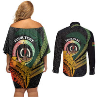 Personalised Vanuatu Independence Day Couples Matching Off Shoulder Short Dress and Long Sleeve Button Shirt July 30 Pig Tusk Long God Yumi Stanap