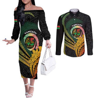 Personalised Vanuatu Independence Day Couples Matching Off The Shoulder Long Sleeve Dress and Long Sleeve Button Shirt July 30 Pig Tusk Long God Yumi Stanap