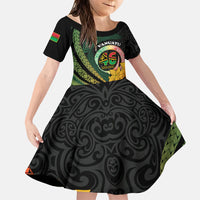 Personalised Vanuatu Independence Day Family Matching Long Sleeve Bodycon Dress and Hawaiian Shirt July 30 Pig Tusk Long God Yumi Stanap LT14 Daughter's Dress Black - Polynesian Pride