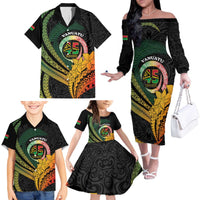 Personalised Vanuatu Independence Day Family Matching Off The Shoulder Long Sleeve Dress and Hawaiian Shirt July 30 Pig Tusk Long God Yumi Stanap