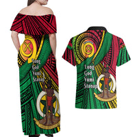 Halo Vanuatu Couples Matching Off Shoulder Maxi Dress and Hawaiian Shirt Happy 45th Independence Anniversary LT14 - Polynesian Pride