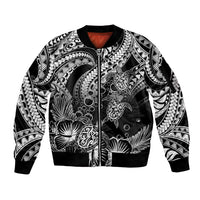 Personalised Polynesian Sleeve Zip Bomber Jacket Tribal Honu Turtle with Hibiscus White Version LT14 Unisex White - Polynesian Pride