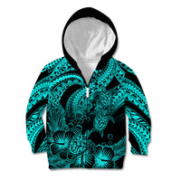 Personalised Polynesian Kid Hoodie Tribal Honu Turtle with Hibiscus Turquoise Version LT14 Zip Hoodie Turquoise - Polynesian Pride