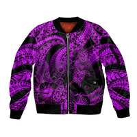 Personalised Polynesian Sleeve Zip Bomber Jacket Tribal Honu Turtle with Hibiscus Purple Version LT14 Unisex Purple - Polynesian Pride