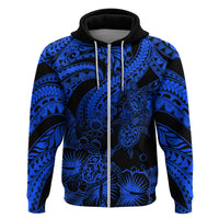 Custom Polynesian Hoodie Tribal Honu Turtle with Hibiscus Blue Version LT14 Zip Hoodie Blue - Polynesian Pride