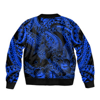 Personalised Polynesian Sleeve Zip Bomber Jacket Tribal Honu Turtle with Hibiscus Blue Version LT14 - Polynesian Pride