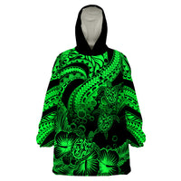 Personalised Polynesian Wearable Blanket Hoodie Tribal Honu Turtle with Hibiscus Green Version LT14 One Size Green - Polynesian Pride