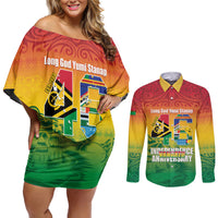 Vanuatu Indipendens Dei Couples Matching Off Shoulder Short Dress and Long Sleeve Button Shirt Yumi 46th Independence Anniversary LT14 Reggae - Polynesian Pride