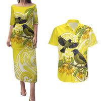 Bellbird New Zealand Couples Matching Puletasi and Hawaiian Shirt Korimako Kowhai Maori Pattern LT14 Yellow - Polynesian Pride