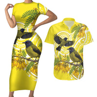 Bellbird New Zealand Couples Matching Short Sleeve Bodycon Dress and Hawaiian Shirt Korimako Kowhai Maori Pattern