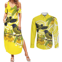 Bellbird New Zealand Couples Matching Summer Maxi Dress and Long Sleeve Button Shirt Korimako Kowhai Maori Pattern LT14 Yellow - Polynesian Pride