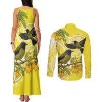 Bellbird New Zealand Couples Matching Tank Maxi Dress and Long Sleeve Button Shirt Korimako Kowhai Maori Pattern LT14 - Polynesian Pride