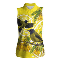 Bellbird New Zealand Women Sleeveless Polo Shirt Korimako Kowhai Maori Pattern LT14 Female Yellow - Polynesian Pride