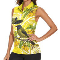 Bellbird New Zealand Women Sleeveless Polo Shirt Korimako Kowhai Maori Pattern LT14 - Polynesian Pride