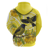 Bellbird New Zealand Zip Hoodie Korimako Kowhai Maori Pattern